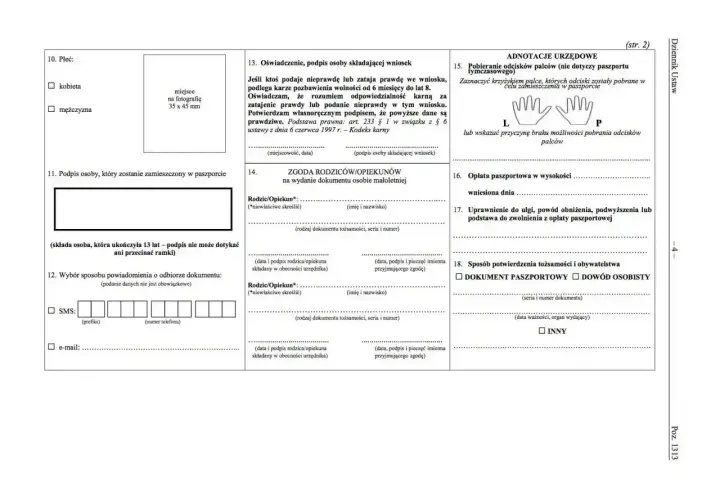 Fragment formularza paszportowego z polami do wypełnienia, w tym sekcja dotycząca płci, podpisu i zgody rodziców.