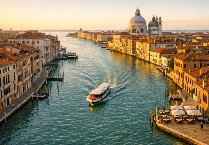 Zachód słońca nad Canal Grande. Warto zobaczyć Wenecję o tej porze, gdy łodzie suną po wodzie, a światło złoci kamienice.