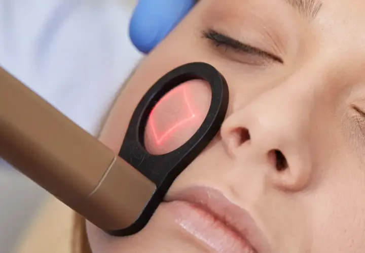 Närbild på ett ansikte som får laserbehandling. En hand med blå handske håller en apparat som riktar en röd laserstråle mot kinden.