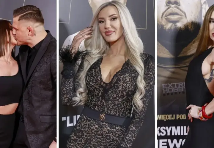 Para na ściance podczas gali Fame MMA. Kobieta w czarnej sukience z wycięciami i mężczyzna w garniturze. Obok dwie inne kobiety w eleganckich kreacjach.
