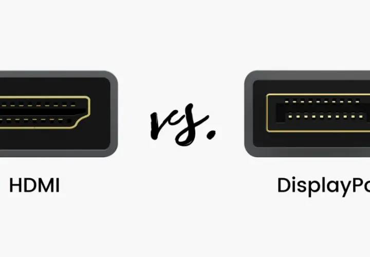 Nahaufnahme von HDMI- und DisplayPort-Anschlüssen, die den Unterschied zwischen den beiden Schnittstellen zeigen.