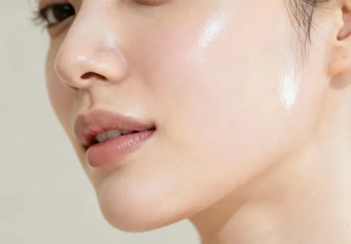 Närbild på en persons ansikte med glansig, återfuktad hud. En visuell guide till hur man får clear skin.