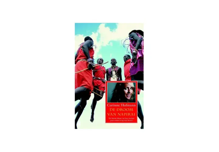 Masai-Krieger springen, im Vordergrund ein Porträt von Corinne Hofmann.