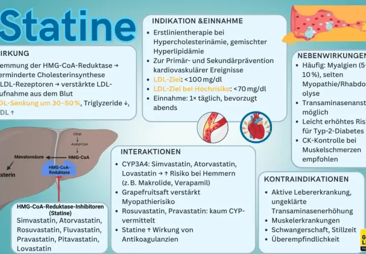Statine senken Cholesterin durch Hemmung der HMG-CoA-Reduktase. Pravastatin ist ein Beispiel für diese Medikamentenklasse.