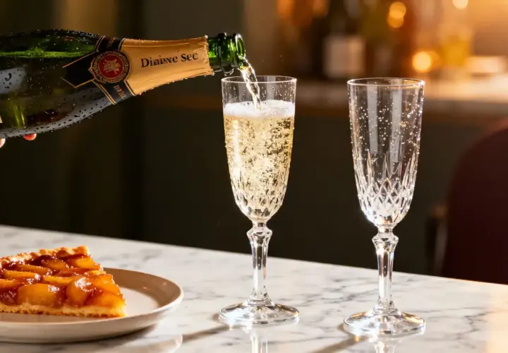 Une coupe de tarte aux fruits caramélisés est servie avec un verre de vin de dessert pétillant, versé d'une bouteille de champagne.