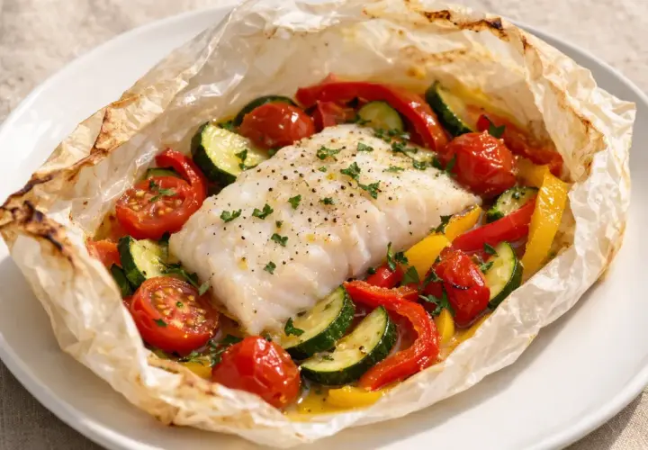 Un délicieux dos de cabillaud en papillote, entouré de tomates cerises, courgettes et poivrons colorés, prêt à être dégusté.