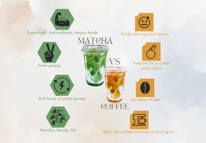 Matcha vs Kaffee: Grüner Matcha für innere Ruhe und Energie, brauner Kaffee für Nervosität und Absturz.