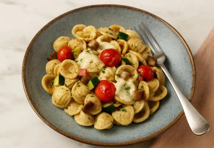 Orecchiette-Pasta mit Kirschtomaten, Zucchini und geschmolzenem Käse. Ein köstliches Gericht, das sich perfekt für Orecchiette Rezepte eignet.