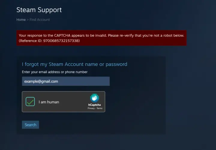 Strona Steam Support, gdzie można odzyskać konto. Wpisz email, zaznacz "Jestem człowiekiem", by dowiedzieć się, jak skontaktować się z steam support.