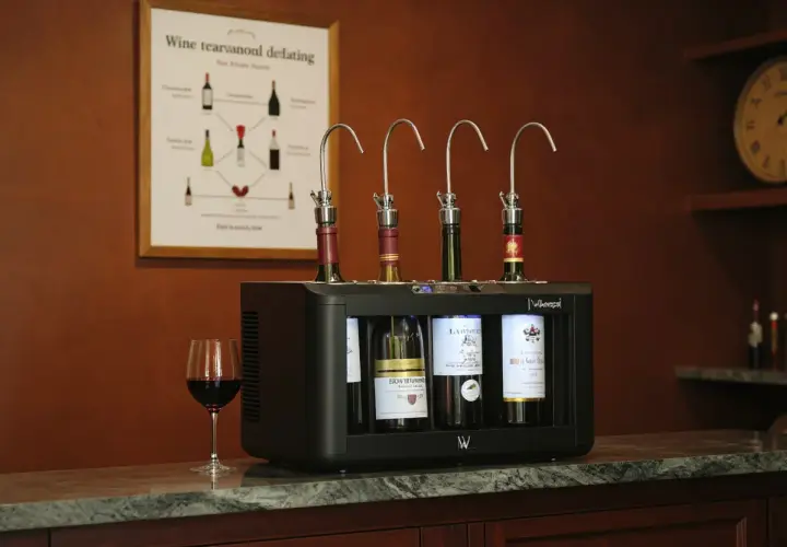 Système de conservation de vin avec 4 bouteilles, dont un bourgogne rouge. Idéal pour le temps de garde.