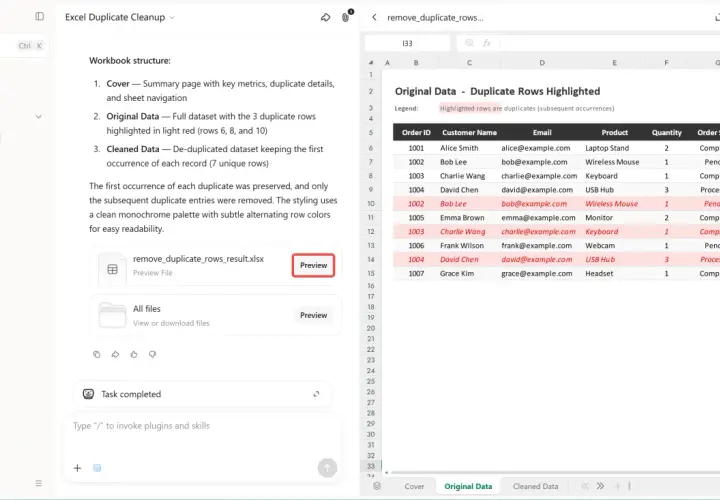 Dati originali con righe duplicate evidenziate in rosso. Il sistema ha aiutato a rimuovi duplicati per ottenere un set di dati pulito.