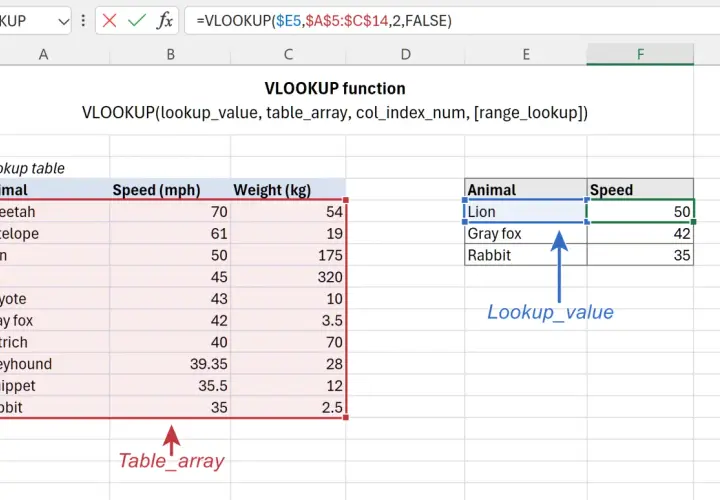 Arkusz kalkulacyjny z funkcją VLOOKUP. Wyszukaj pionowo dane zwierzęcia w tabeli.