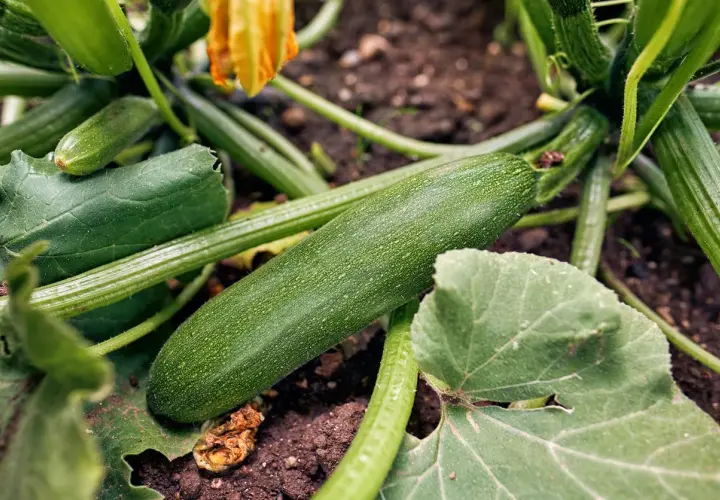 Une courgette verte mûrit sur sa plante, prête à être cueillie. Le plaisir de planter courgettes.