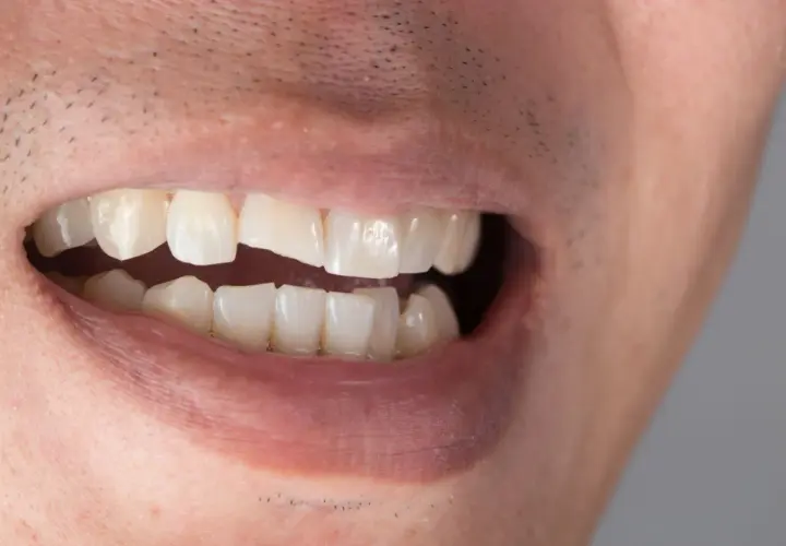 Primo piano di una bocca con un dente scheggiato visibile.