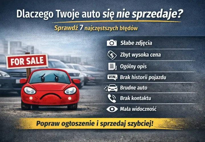 Smutne czerwone auto z tabliczką "FOR SALE" i lista błędów w ogłoszeniu, jak w trybie incognito, utrudniającym sprzedaż.