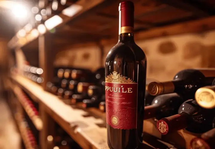 Une bouteille de vin rouge d'un millésime Pauillac, posée sur une étagère dans une cave à vin.