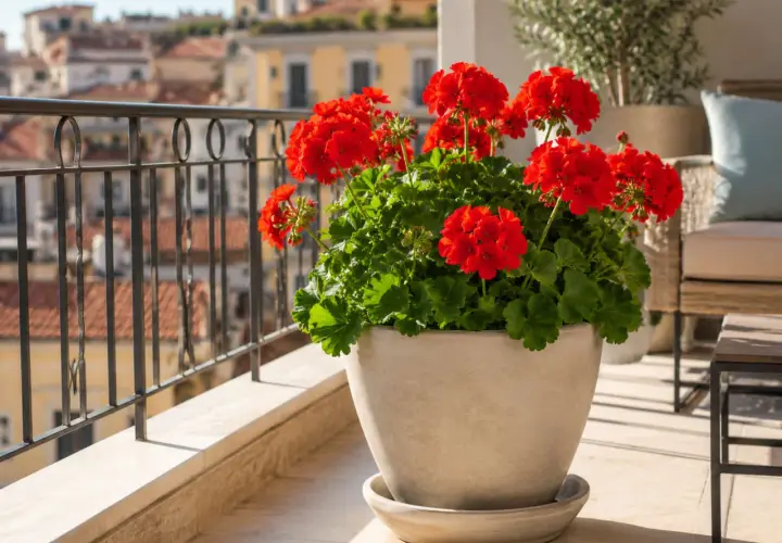 Gerani rossi fioriti in un vaso di terracotta, perfetti piante da davanzale esterno, su un balcone con vista su tetti cittadini.