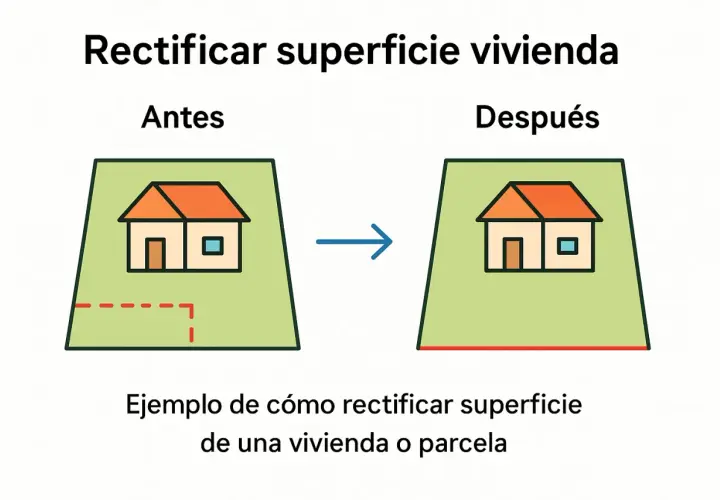 Antes, una parcela con exceso de cabida y una casa. Después, la parcela rectificada y la casa.