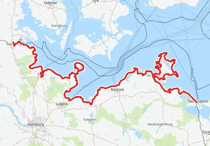 Trasa rowerowa Baltic Velo wzdłuż wybrzeża Bałtyku, od Flensburga przez Kopenhagę, Rostock, po Świnoujście.