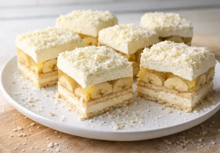 Pyszna krajanka bananowa z kremem i galaretką, posypana wiórkami białej czekolady.
