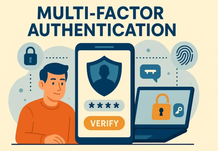 Illustration sur l'authentification multi-facteurs (MFA). Un homme, un smartphone affichant un code et un ordinateur portable avec un cadenas symbolisent la sécurité.