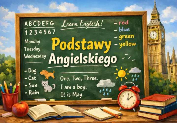 Tablica z napisem "Podstawy Angielskiego" i podstawowymi zwrotami. Idealna, by dowiedzieć się, od czego zacząć naukę języka angielskiego.