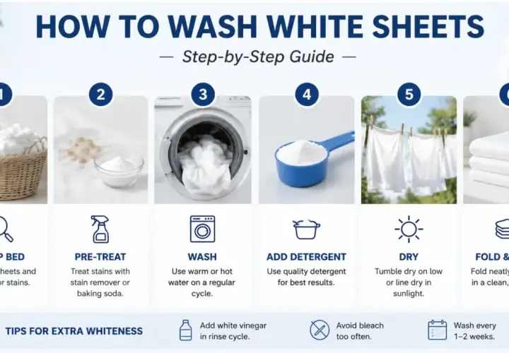 Step-by-step guide on how to wash white sheets and blankets: strip bed, pre-treat stains, wash, add detergent, dry, and fold.