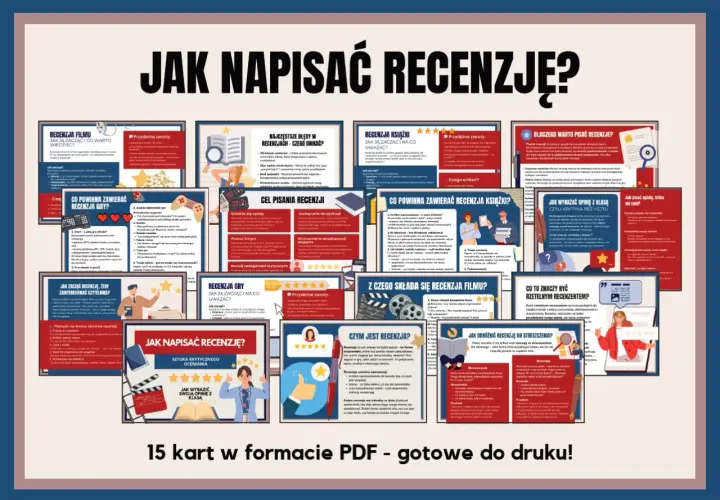 Plakat z nagłówkiem "Jak napisać recenzję?" i wieloma mniejszymi kartami z poradami.