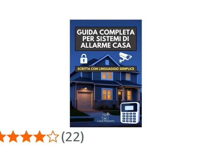 Guida completa per l'installazione allarme casa. Immagine di copertina libro con casa, lucchetto, telecamera e tastierino numerico.