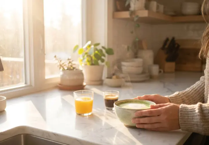 Petit-déjeuner ensoleillé pour savoir comment avoir de l'énergie le matin : jus d'orange, café et bol de matcha fumant.
