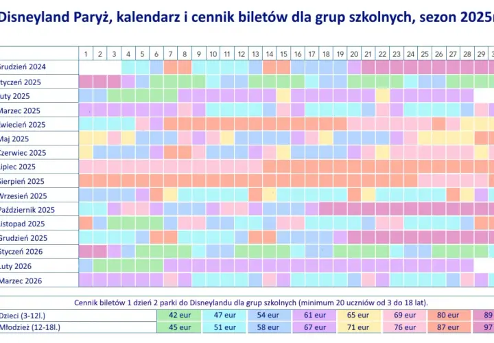 Kalendarz i cennik biletów do Disneylandu Paryż na 2025r. dla grup szkolnych. Sprawdź bilet Disneyland cena dla dzieci i młodzieży.
