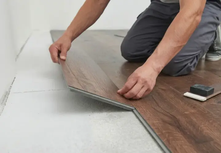 Installazione di un nuovo pavimento in gres porcellanato effetto legno. I tempi di posa sono rapidi grazie al sistema a click.