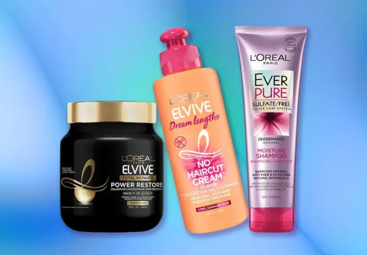 Tres productos L'Oréal para un tratamiento hidratación pelo: mascarilla Elvive Power Restore, crema sin aclarado Dream Lengths y champú Ever Pure Moisture.