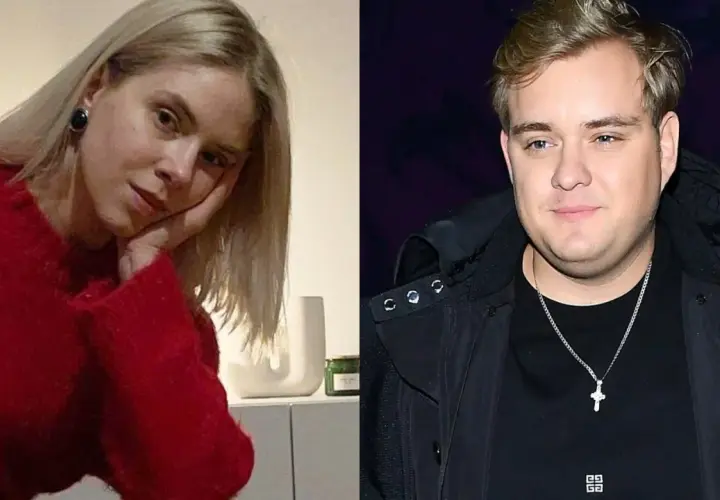 Kobieta w czerwonym swetrze i mężczyzna w czarnej kurtce, przypominający Kevina Mgleja jako dziecko.