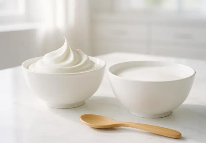 Due ciotole bianche su un tavolo di marmo: una con panna montata, l'altra con yogurt. Perfetto per chi pensa: "Posso sostituire la panna con lo yogurt greco".