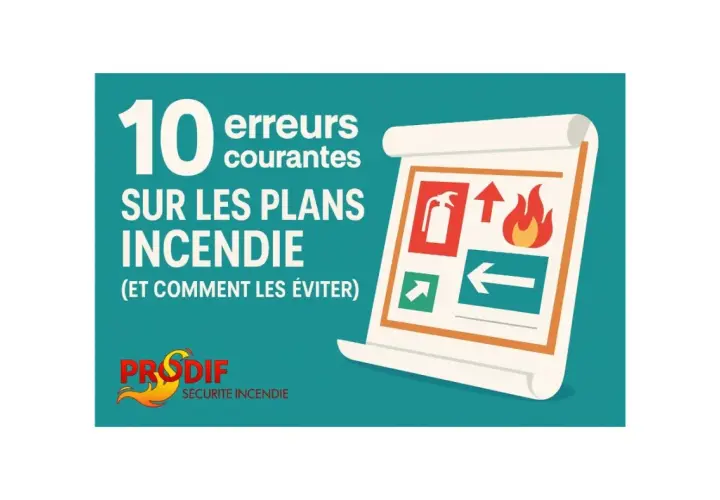 Illustration sur les erreurs courantes des plans d'affichage sécurité incendie. Le logo PRODIF est présent.