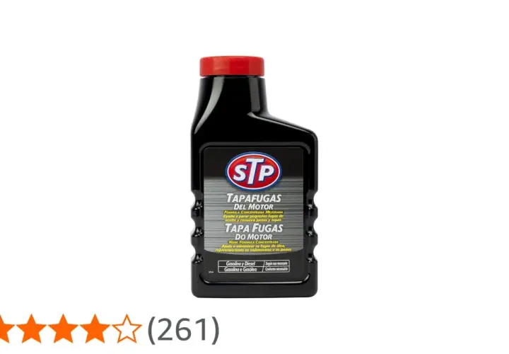Botella de STP Tapafugas del Motor. Opiniones de usuarios destacan su eficacia para detener fugas de aceite.