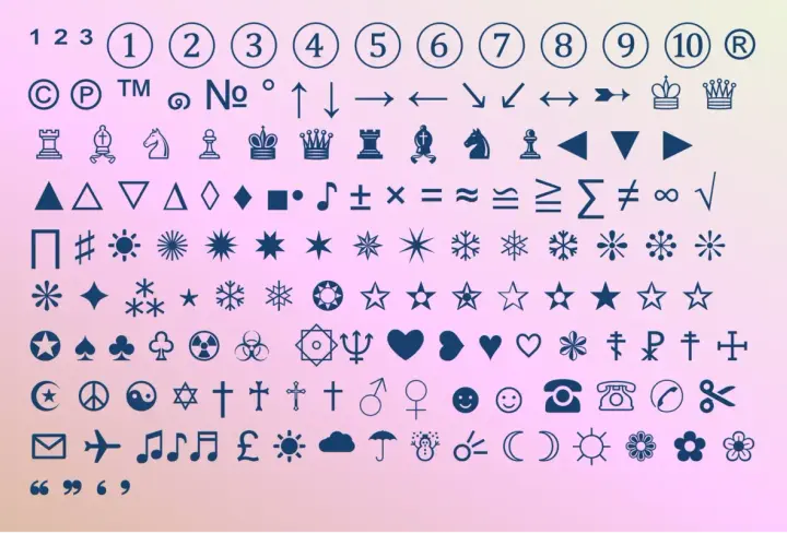 Zbiór symboli i znaków specjalnych, w tym cyfry, strzałki, figury geometryczne, symbole muzyczne, znaki matematyczne, symbole pogody, emotikony i inne.