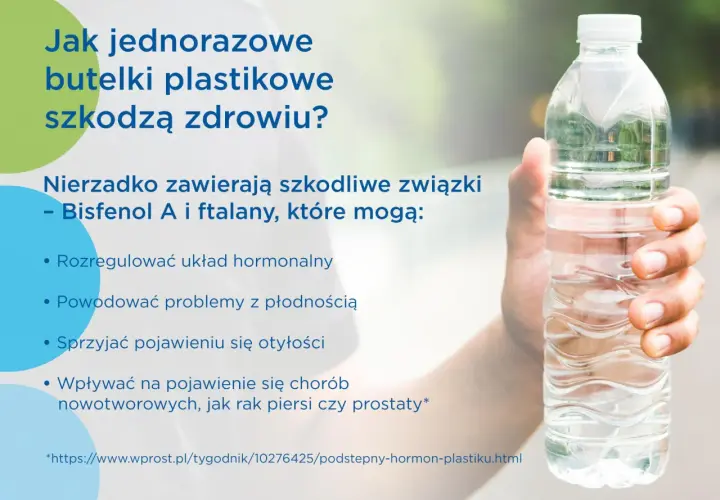 Dłoń trzyma plastikową butelkę z wodą. Czy woda z kranu czy z butelki jest lepsza? Plastik może szkodzić zdrowiu.