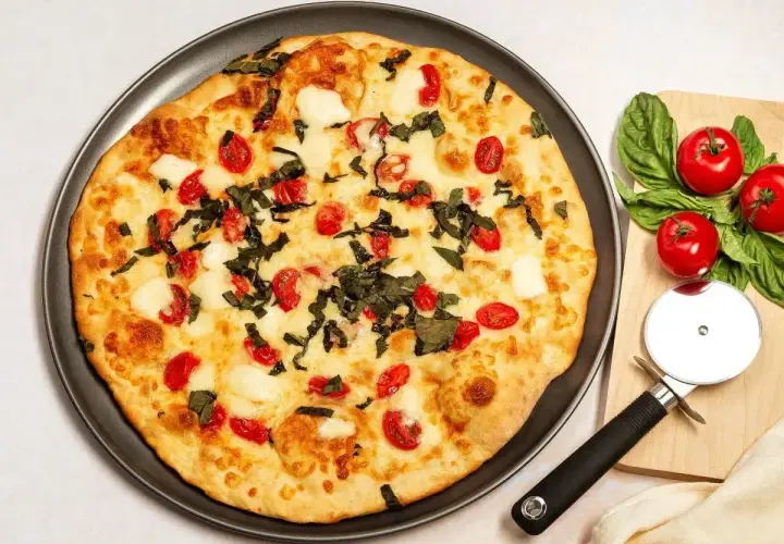 Pyszna pizza z serka wiejskiego, pomidorkami koktajlowymi i bazylią. Obok leży nóż do pizzy i świeże pomidory.