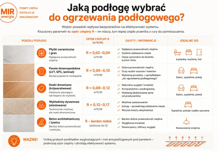 Tabela porównuje rodzaje podłóg pod kątem oporu cieplnego, pomagając wybrać najlepszą opcję do ogrzewania podłogowego.