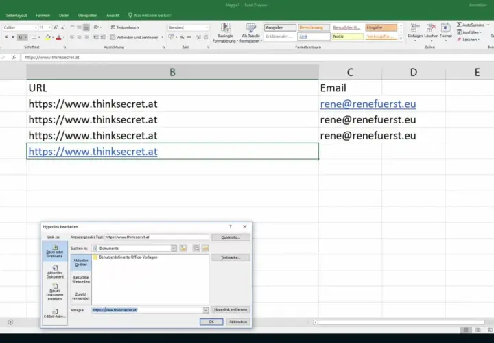 Foglio Excel con collegamenti ipertestuali a siti web. La cella B5 mostra un URL attivo, con la finestra di dialogo "Hyperlink bearbeiten" aperta.