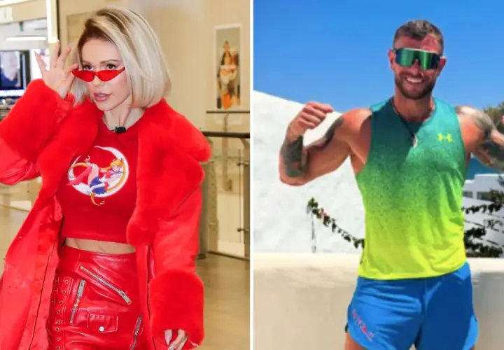 Doda w czerwieni i Dariusz Pachut w sportowym stroju, uśmiechnięty na tle słońca.
