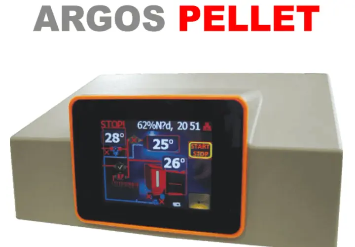 Nowoczesny piec węglowy z podajnikiem Argos Pellet, z cyfrowym wyświetlaczem pokazującym temperaturę i status pracy.