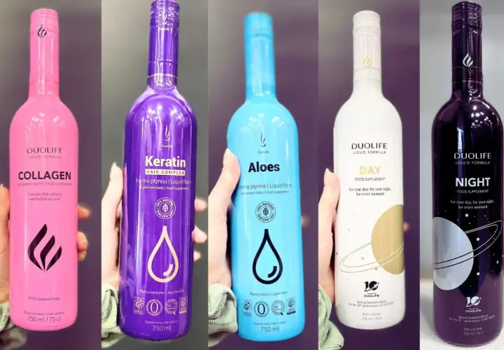 Pięć butelek suplementów diety DuoLife: Collagen, Keratin, Aloes, Day i Night. Wiele pozytywnych duolife opinie o tych produktach.