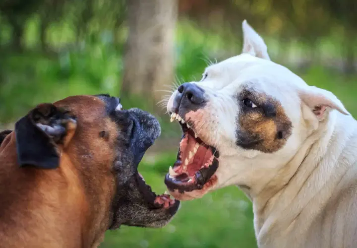 Dos perros, uno marrón y otro blanco, se enfrentan con las fauces abiertas y los dientes al descubierto. Un perro agresivo con otros perros.