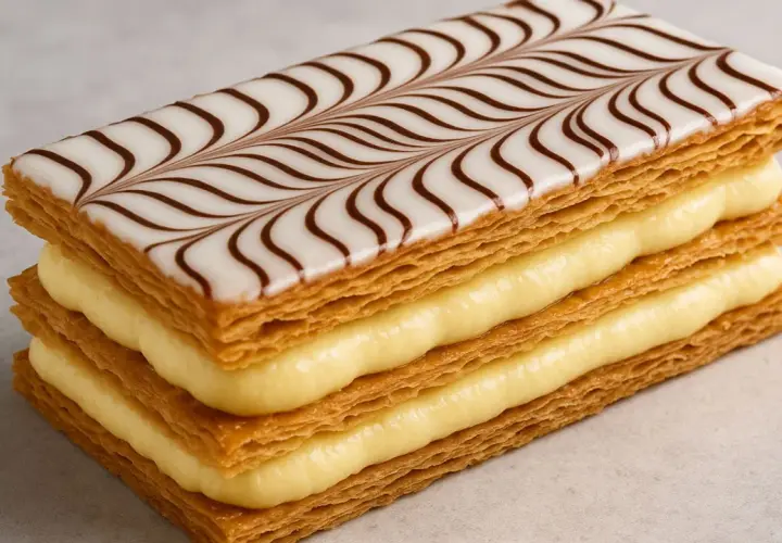 Une délicieuse feuille en pâtisserie, empilée avec de la crème pâtissière et décorée de glaçage blanc et chocolat.