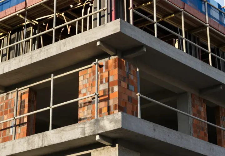 Budowa domu w toku, zbliża się zakończenie budowy domu i wpis do księgi wieczystej. Betonowe stropy i ceglane słupy.