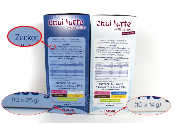 Zwei Packungen Chai Latte Vanille-Zimt. Die Zutatenliste zeigt "Zucker" als einen der Hauptbestandteile.