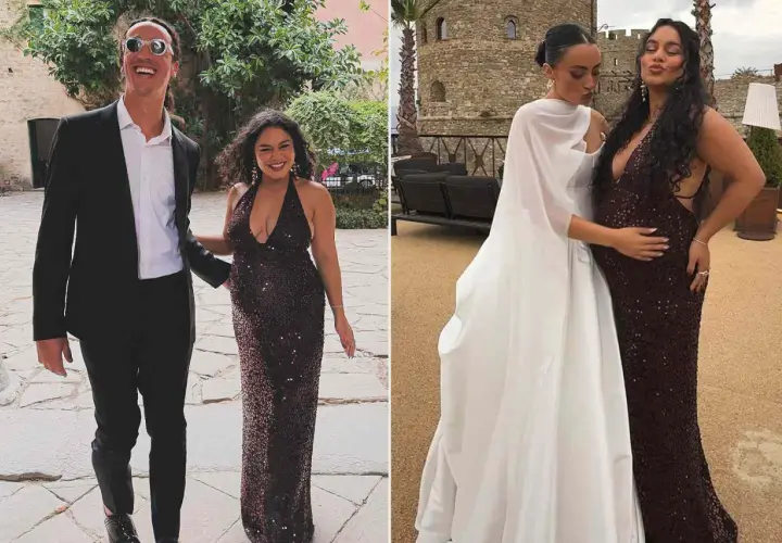 Vanessa Hudgens w błyszczącej sukni i jej partner, a także z inną kobietą w białej sukni.